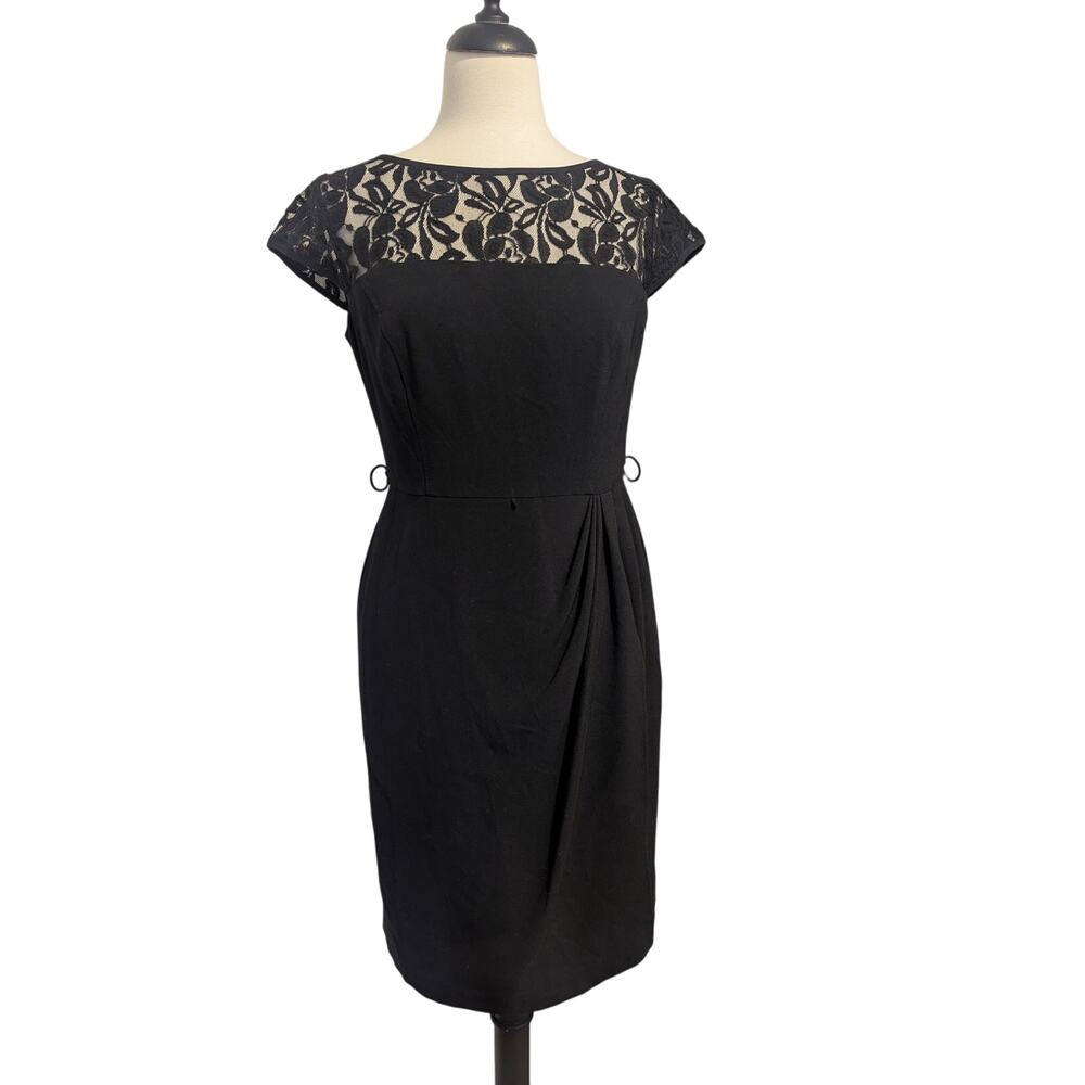 New Directions Size 6 Black Sheath Dress Lace Neckline Gathered Waist Tulip Wrap